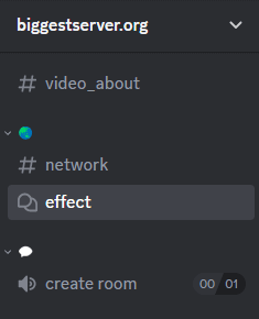 A screenshot of a discord server with three text channels and a voice channel. first, video_about, then network, and finally effect -- which is in forum mode, allowing for nested discussion channels. the voice channel is called 'create room', creating a voice channel